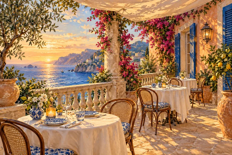 Illustration of a welcoming seaside restaurant terrace